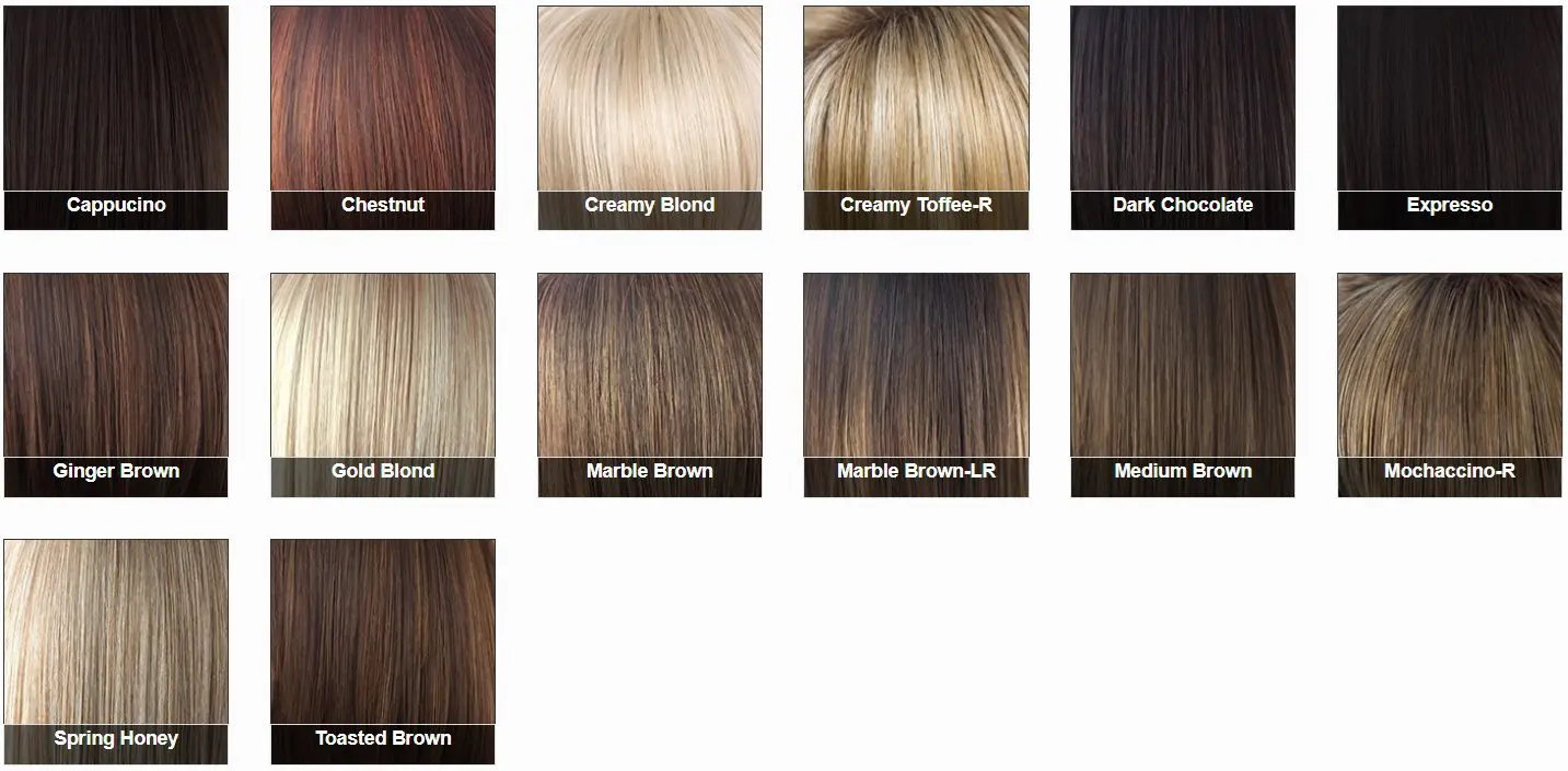 Hair color swatches in various shades.