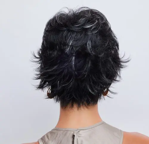 Back view of short, layered black hair.